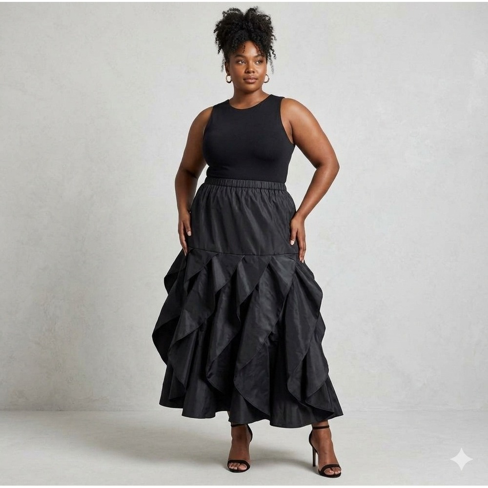 VTG Tadashi Shoji Too Sz 24 Tafetta Maxi Skirt Black Ruffle Tiered Silk Contrast